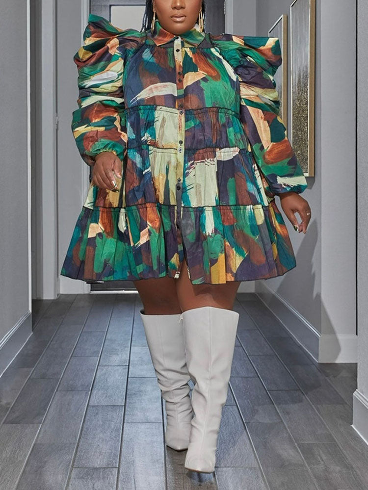 All Over Print Puff Sleeve Shirt Mini Dress Multicolor / 3XL