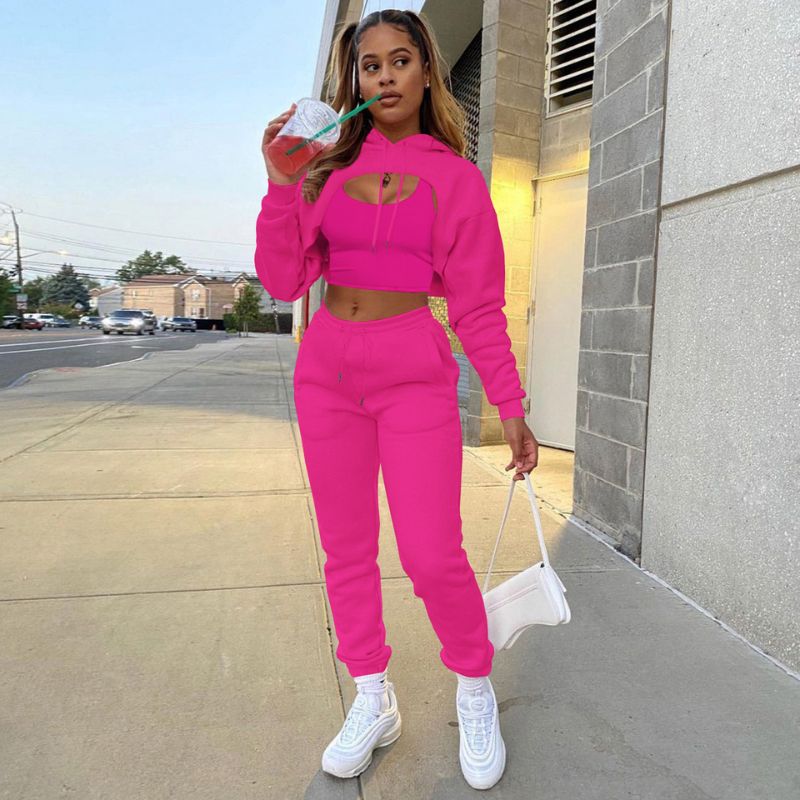 Hollow Out Hoodies & Drawstring Waist Pant Set Red / XL