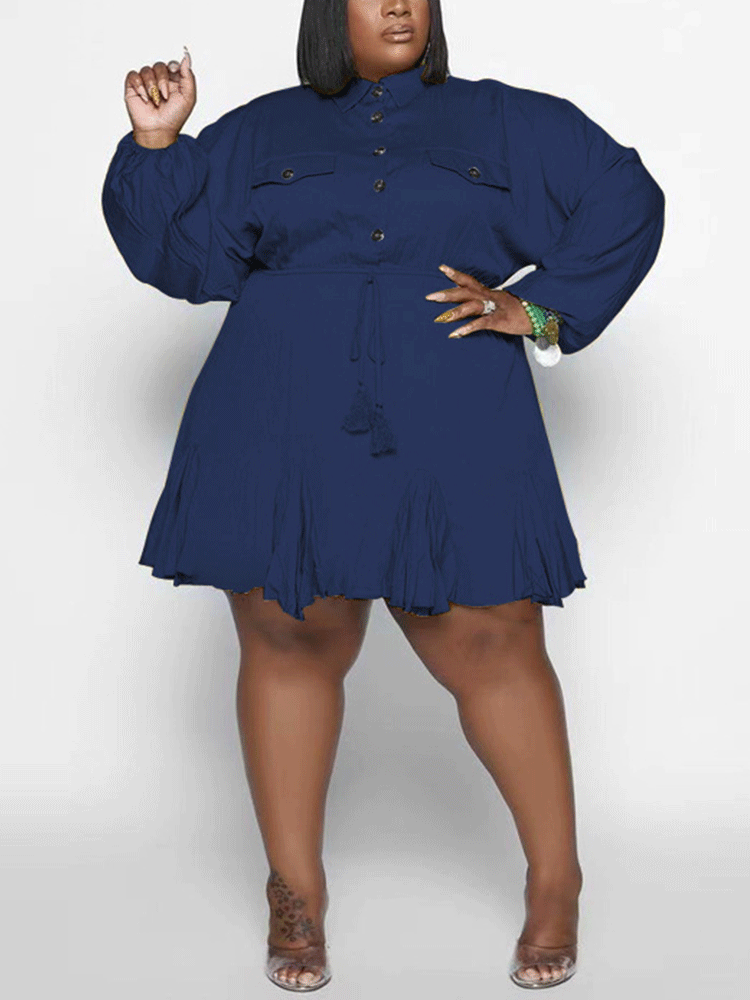 Turndown Collar Button Mini Dress Rose / 3XL