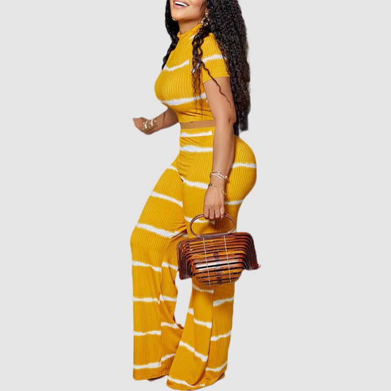 Stripe Printed Ribbed Knit Wide Leg Set Orange / XL