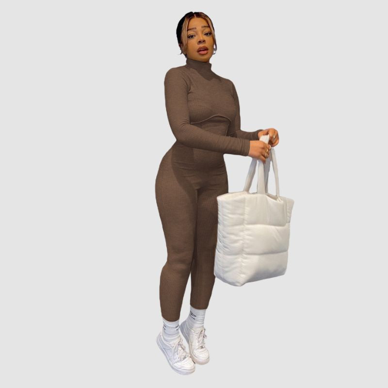 Solid Color Knit Jumpsuits White / L