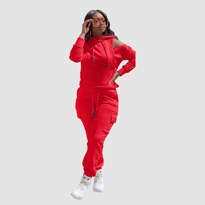 Off Shoulder Hoodies & Pocket Patchwork Pant Set Red / M