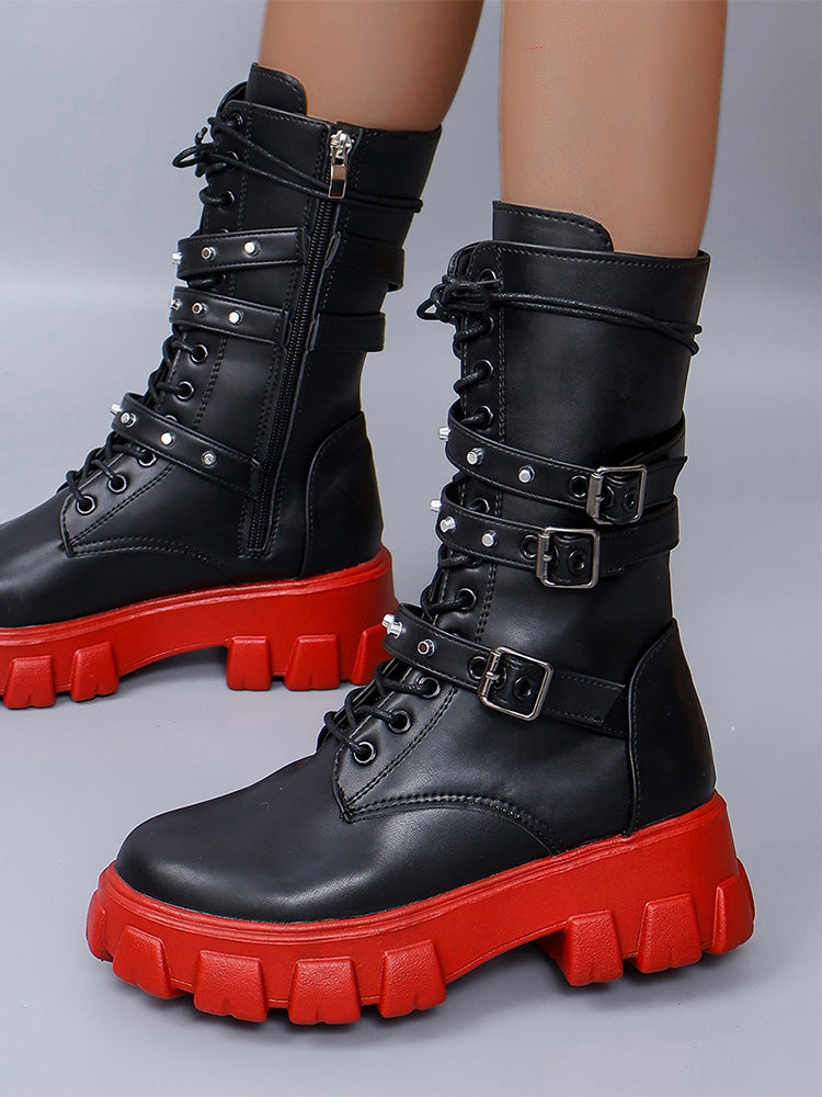 Eyelet Buckled Zipper Platform Boots Black / 7.5/8