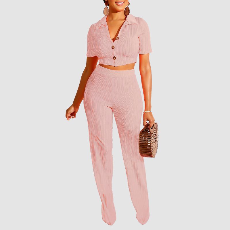 Lapel Crop Top & Long Pant Set Green / S