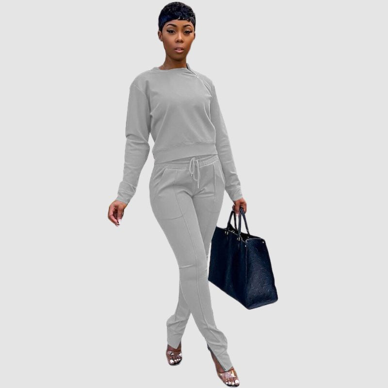 Crew Neck Top & Slit Pant Set Brown / XL