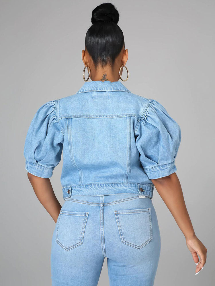 Puff Short Sleeve Denim Jacket Light Blue / L