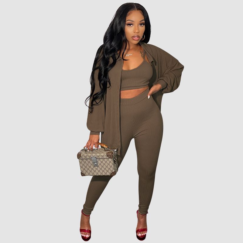 Solid Color Casual Pants Three Piece Set Orange / XL