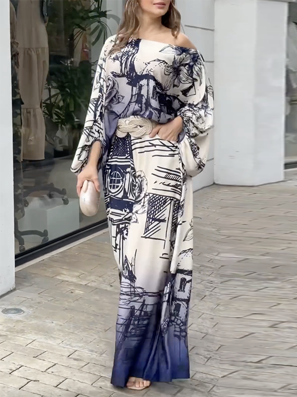 Printed Loose Puff Sleeves Off-the-shoulder Two-Piece Sets Pants Blouses BLUE / L
