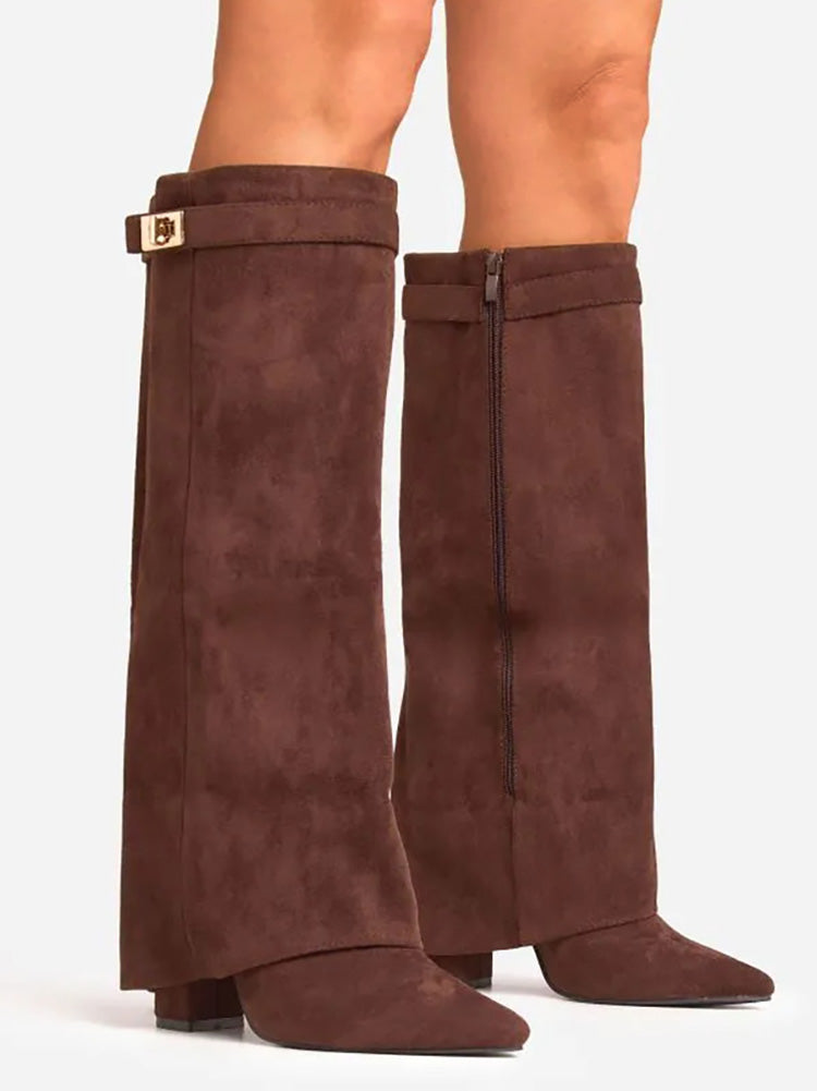 Fold Chunky Heel Knee High Boots Black Suede / 5/5.5