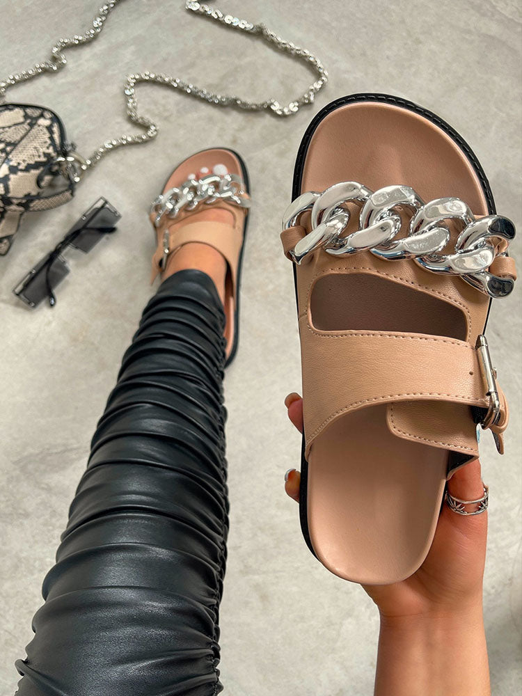 Chain Decor Double Buckles Sandals White / 6