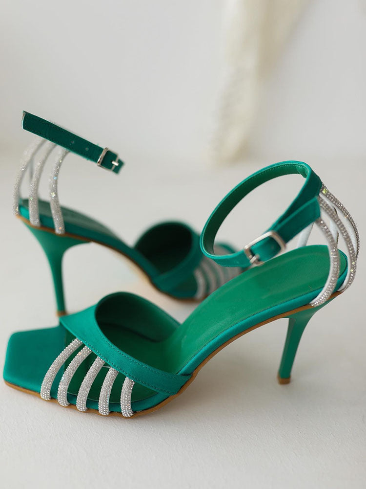 Rhinestone Hollow Ankle Strap Heels Green / 6