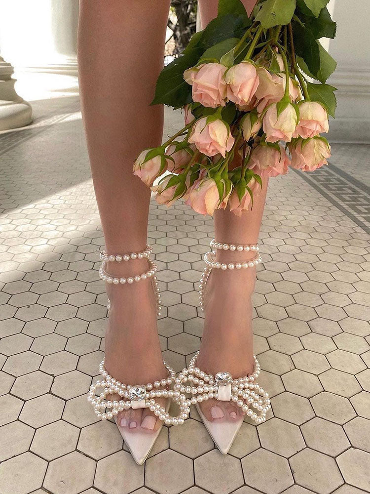 Pearl Bow Pointed Toe Heel Sandals White / 8.5