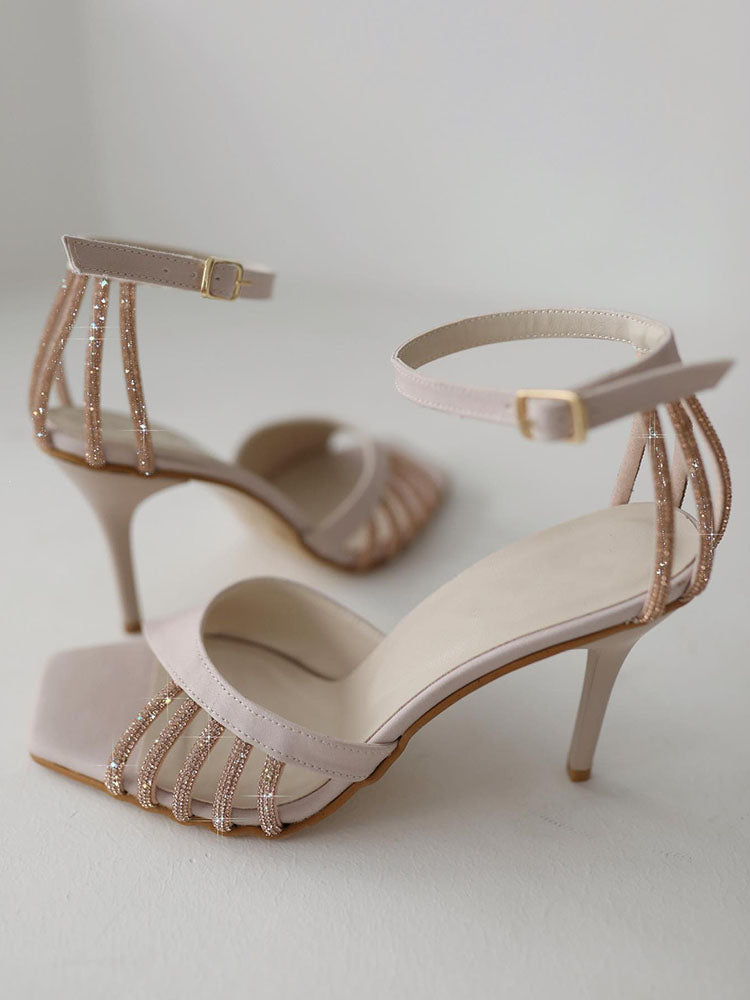 Rhinestone Hollow Ankle Strap Heels Green / 7.5/8