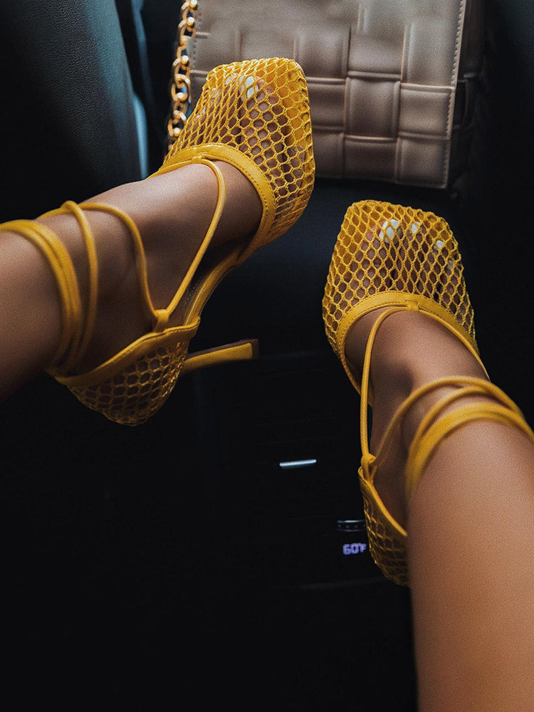 Square Toe Mesh Wrap Pumps Yellow / 9/9.5