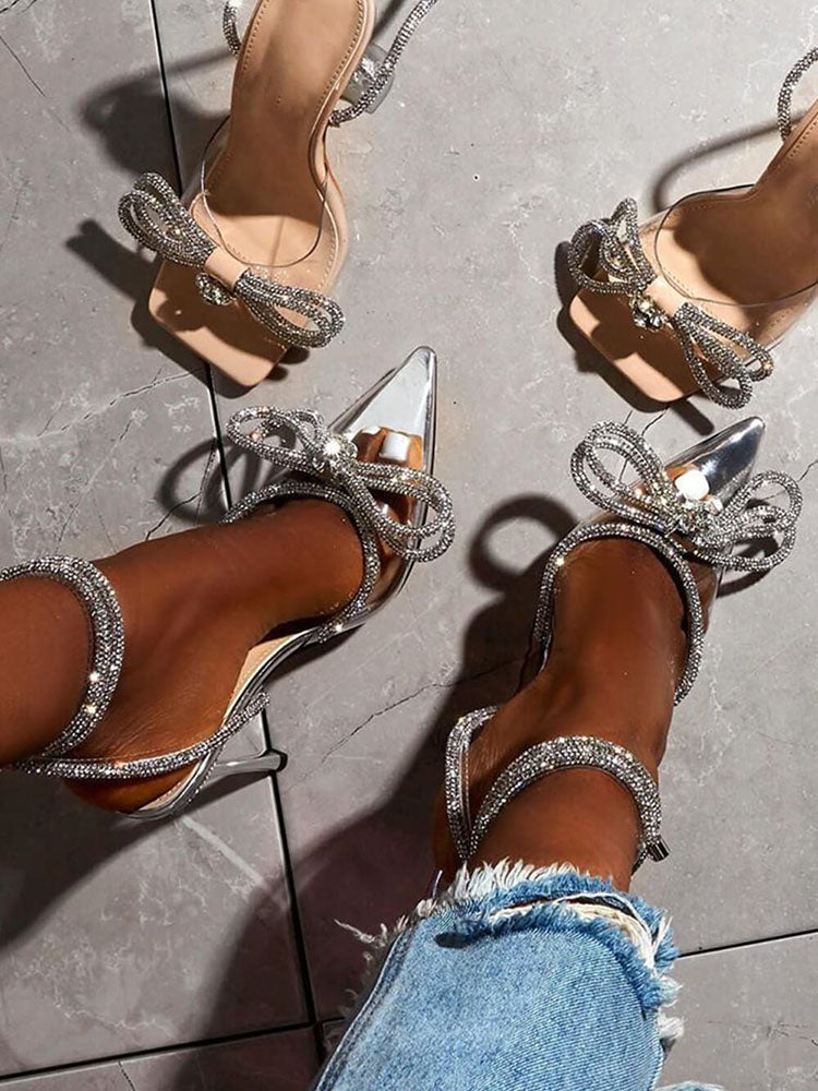 Rhinestone Bowknot Heel Pumps Silver / 9/9.5