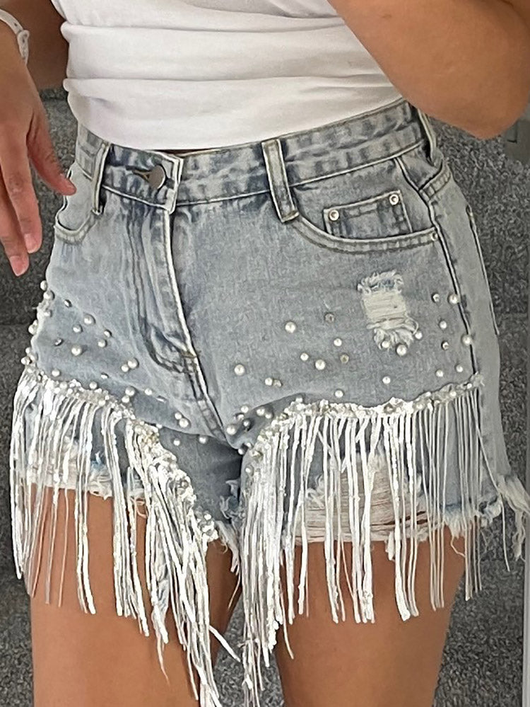Sequin Tassel Pearl Denim Shorts Blue / XL