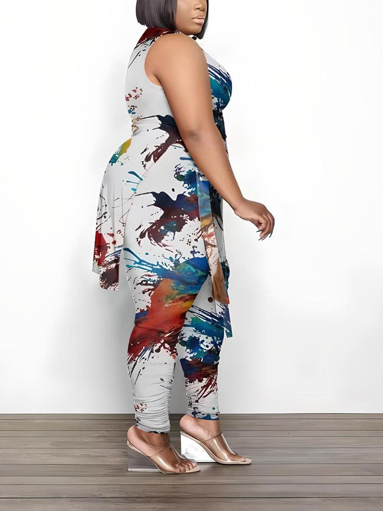 Printed Sleeveless Top Jogger Set Gray / 2XL