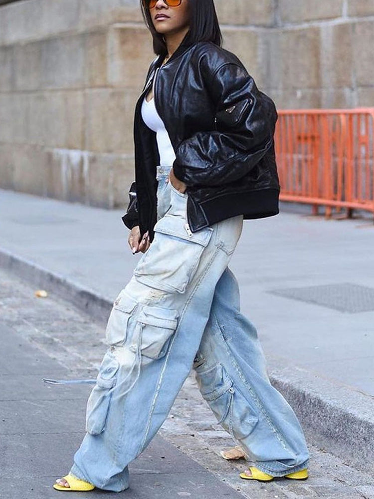Ripped Pockets Cargo Jeans Light Blue / M