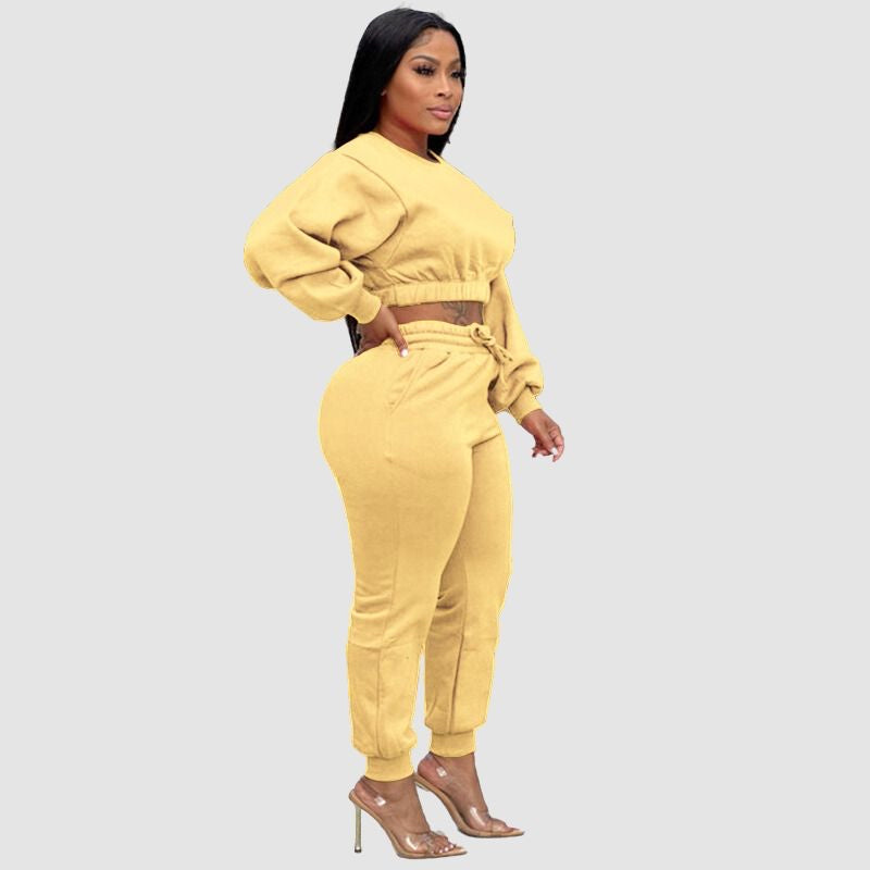 Crew Neck Crop Top & Drawstring Pant Set Black / XL