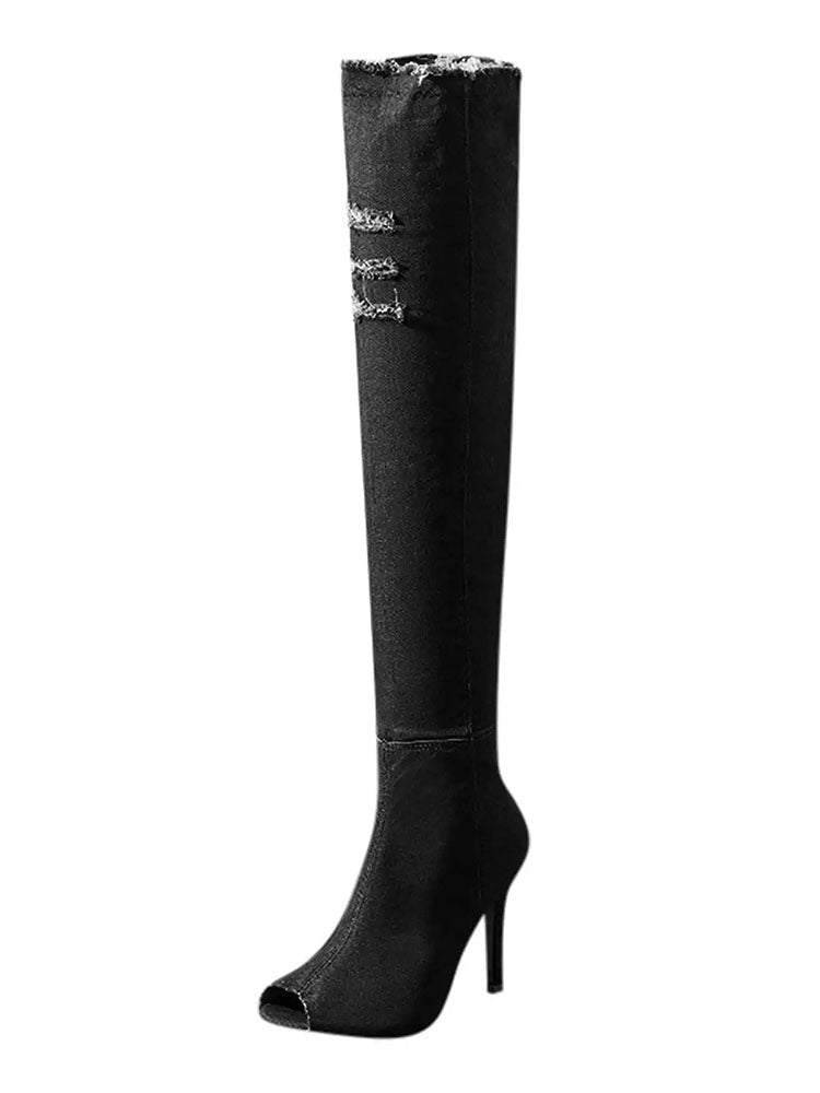 Peep Toe Over The Knee Denim Boots Black / 7.5/8