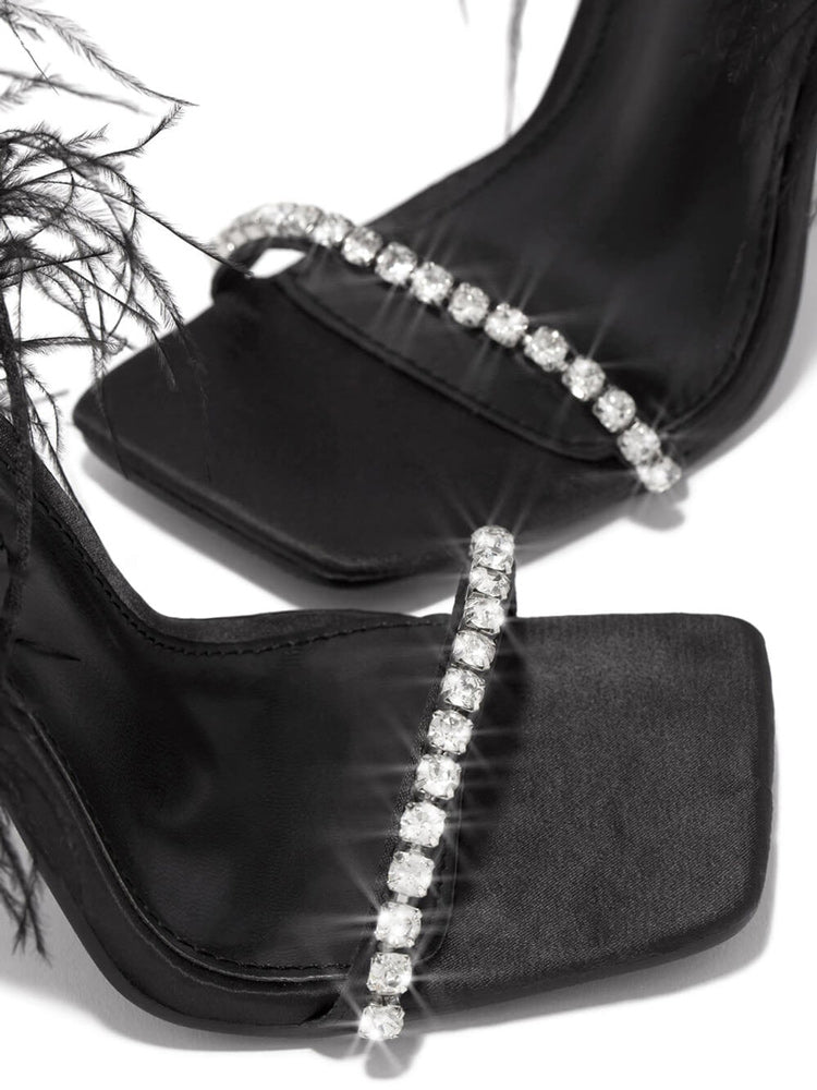 Rhinestone Feather Square Toe Sandals Black / 5/5.5