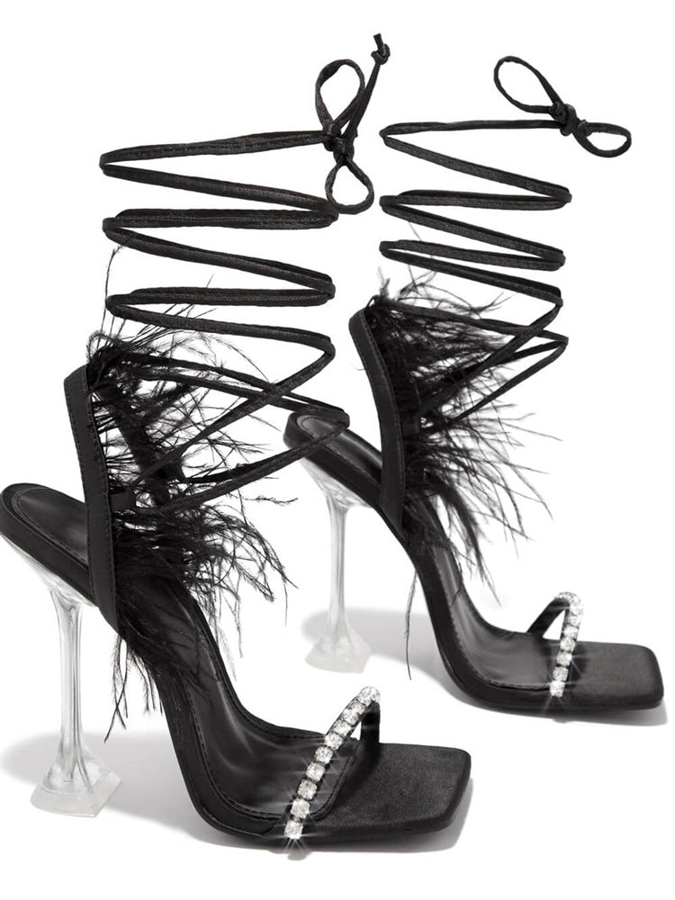 Rhinestone Feather Square Toe Sandals Black / 4/4.5