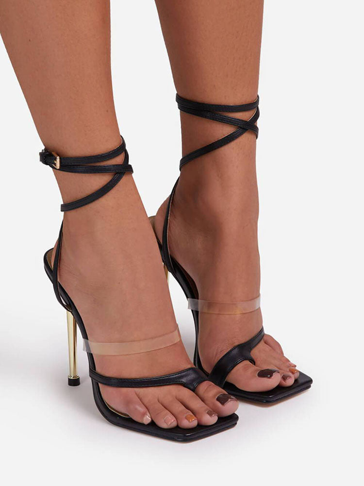 Square Toe Ankle Strap Metallic Heels Black / 5/5.5