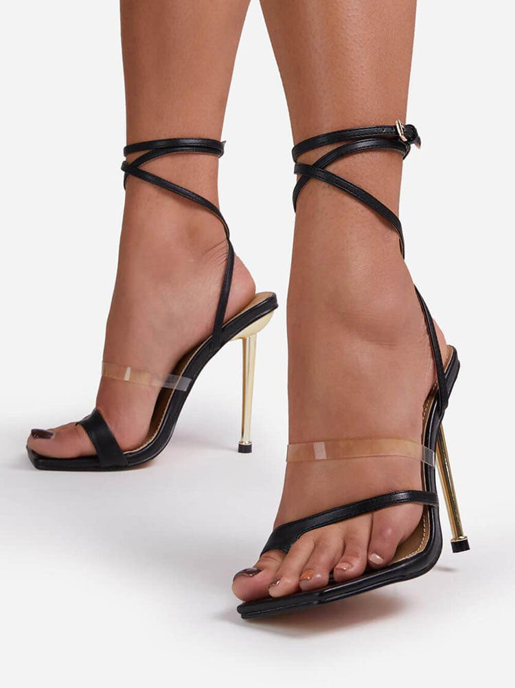 Square Toe Ankle Strap Metallic Heels Black / 6