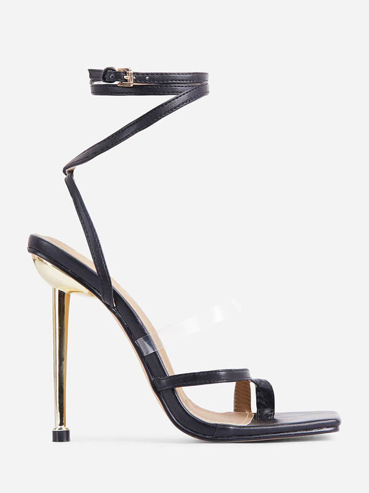 Square Toe Ankle Strap Metallic Heels Black / 7.5/8