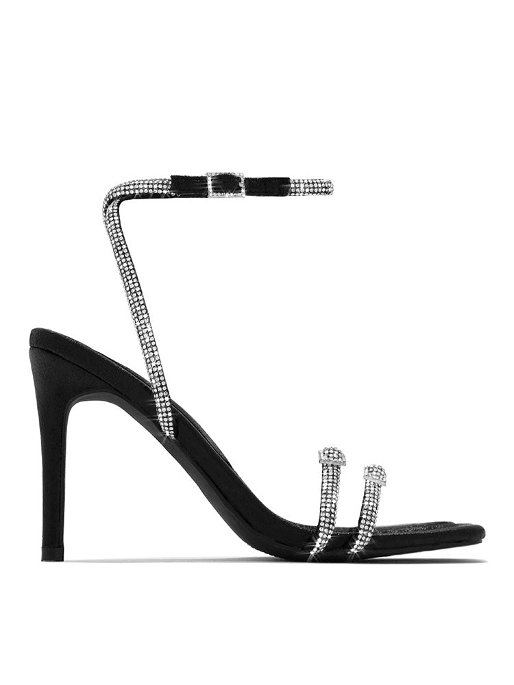 Rhinestones Ankle Strap Heels Black / 8.5
