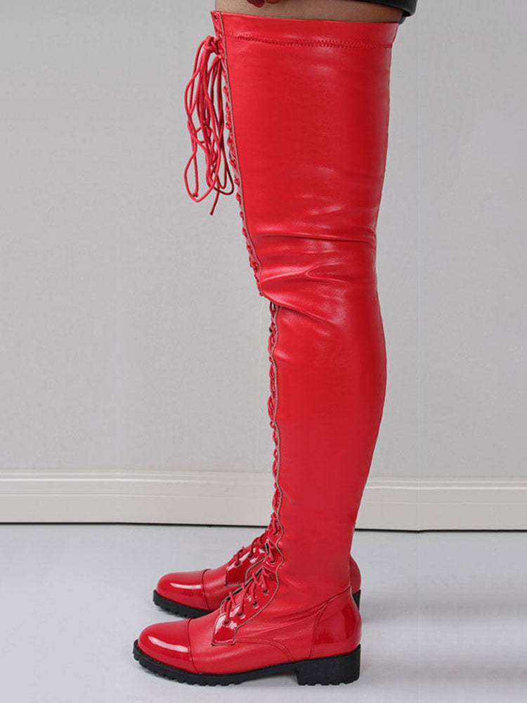 Lace Up PU Leather Boots Red / 7.5/8