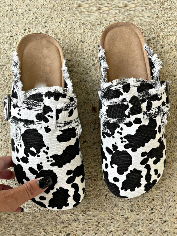 Cow Buckle Round Toe Slippers Cow / 6.5/7