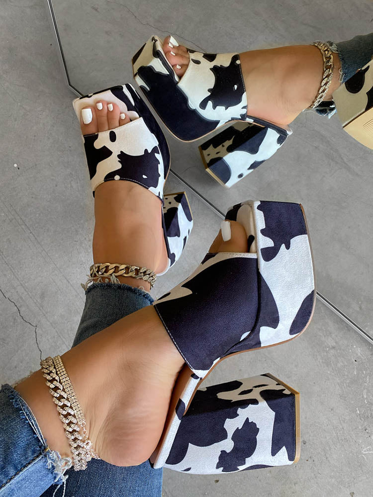 Printed Chunky Heeled Platform Sandals Cow / 6.5/7