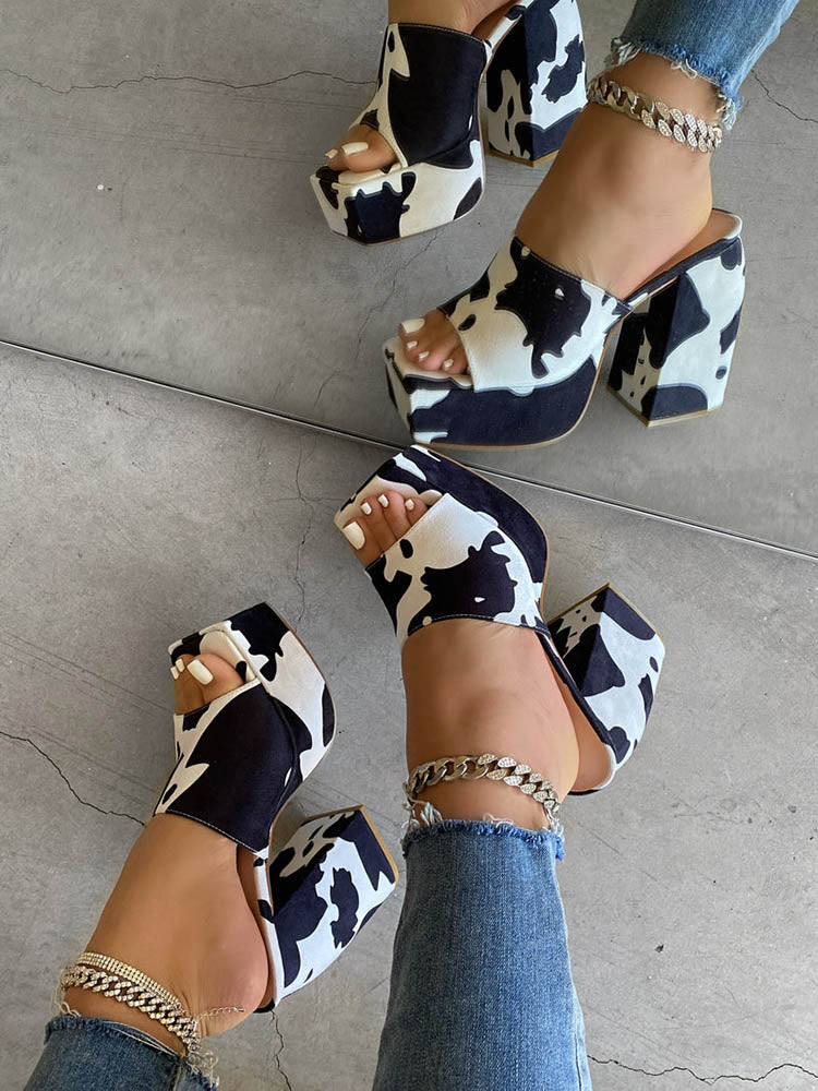 Printed Chunky Heeled Platform Sandals Cow / 6