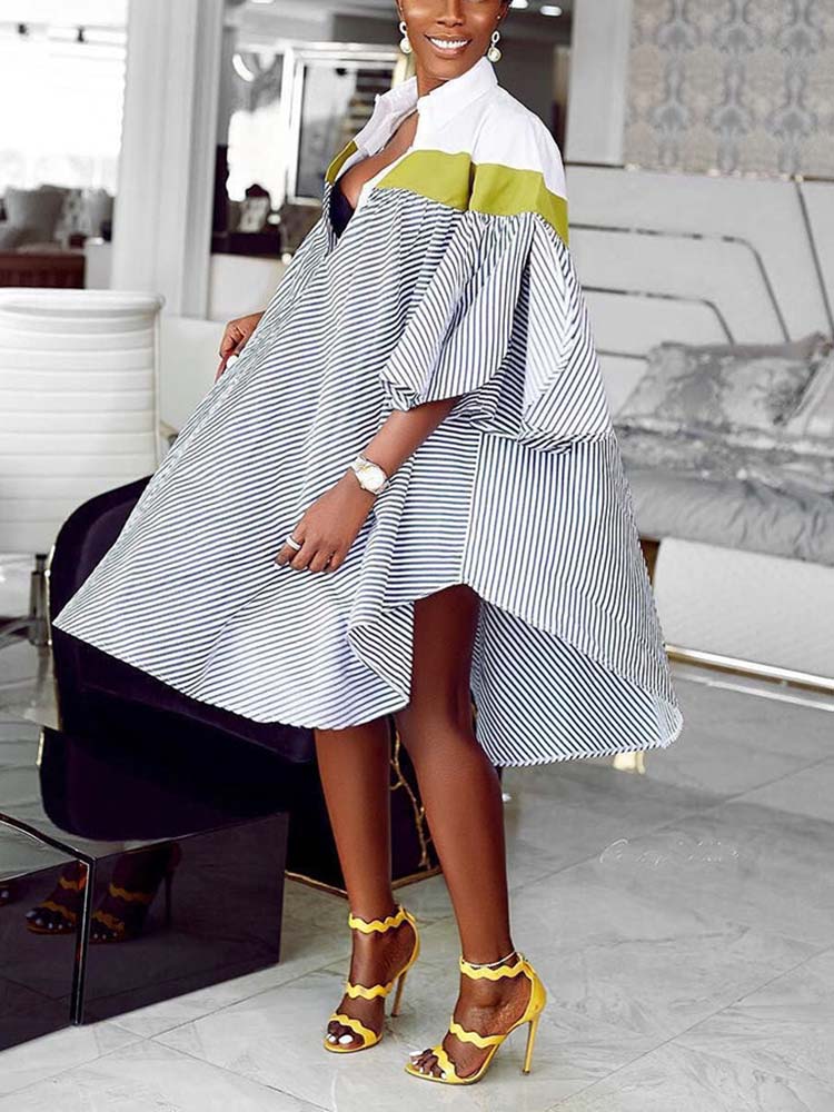 Button Up Stripe Print Shirt Dress Black White / L