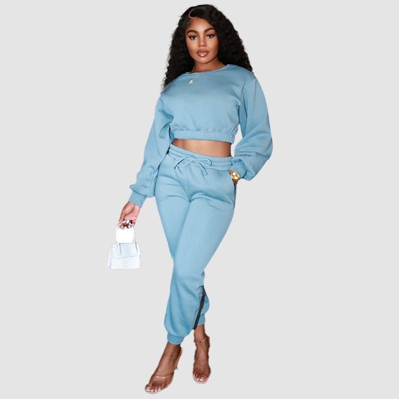 Crew Neck Crop Top & Drawstring Pant Set Blue / 2XL