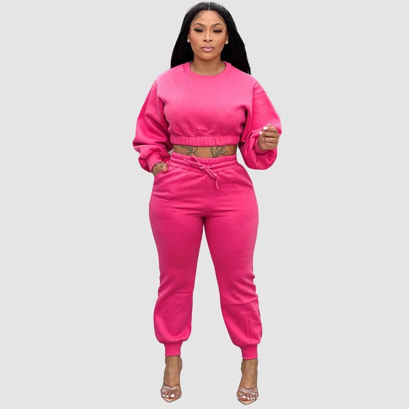 Crew Neck Crop Top & Drawstring Pant Set Rose / M