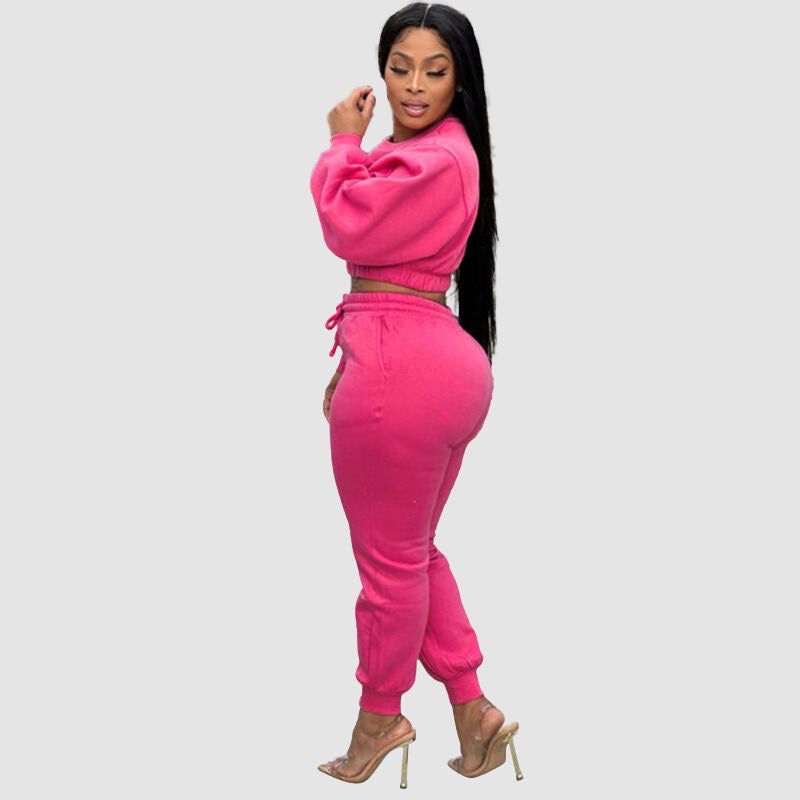 Crew Neck Crop Top & Drawstring Pant Set Rose / L