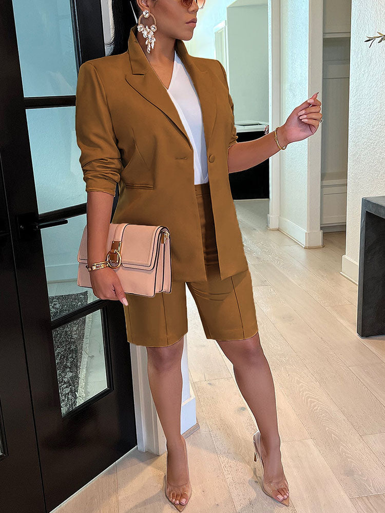 Lapel Collar Blazer Shorts Set Green / M