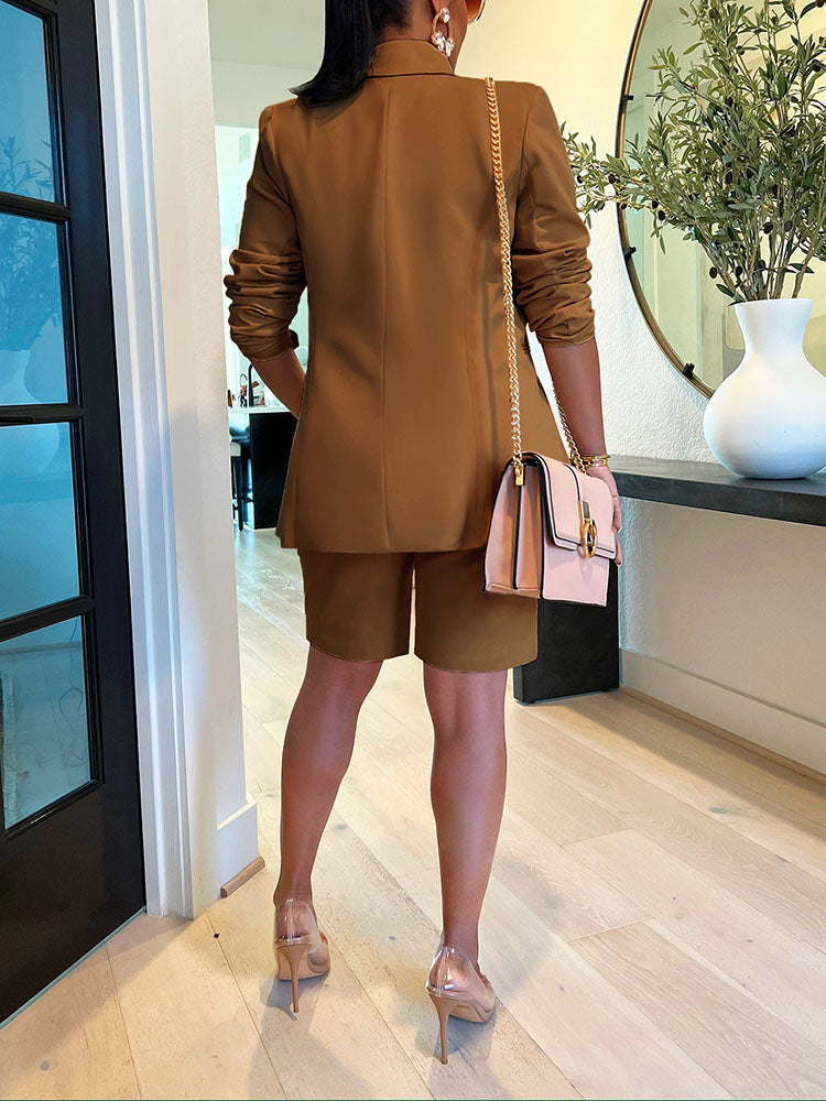 Lapel Collar Blazer Shorts Set Black / L