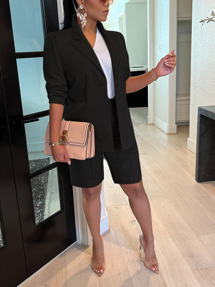 Lapel Collar Blazer Shorts Set Brown / 2XL
