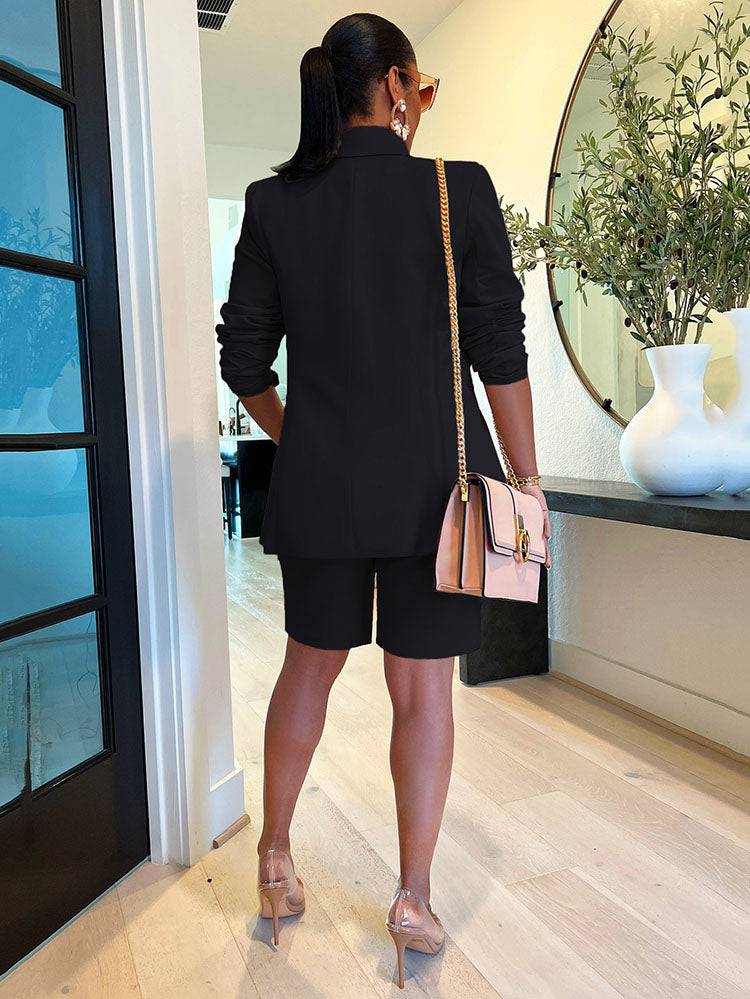Lapel Collar Blazer Shorts Set Apricot / XL