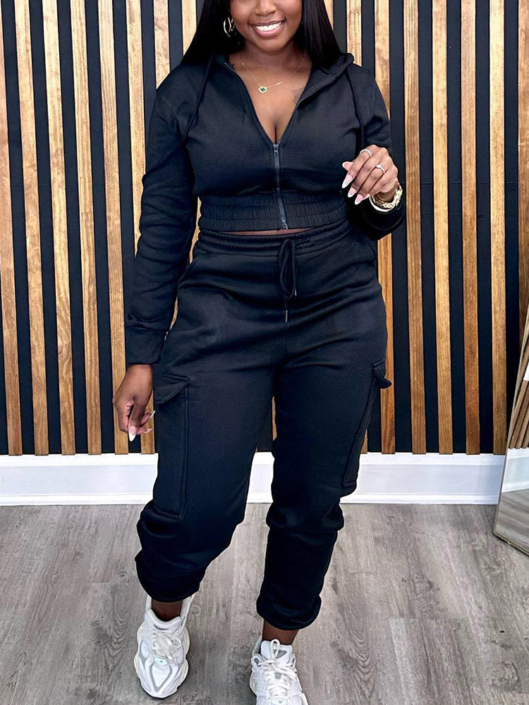 Crop Hoodie Jogger Set Black / L