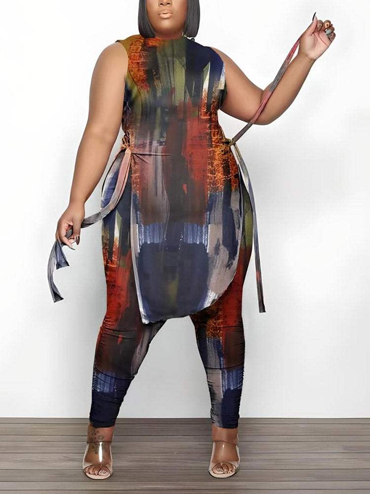 Printed Sleeveless Top Jogger Set Yellow / 3XL