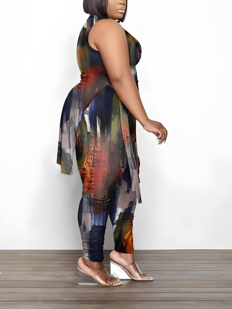 Printed Sleeveless Top Jogger Set Colorful / 2XL
