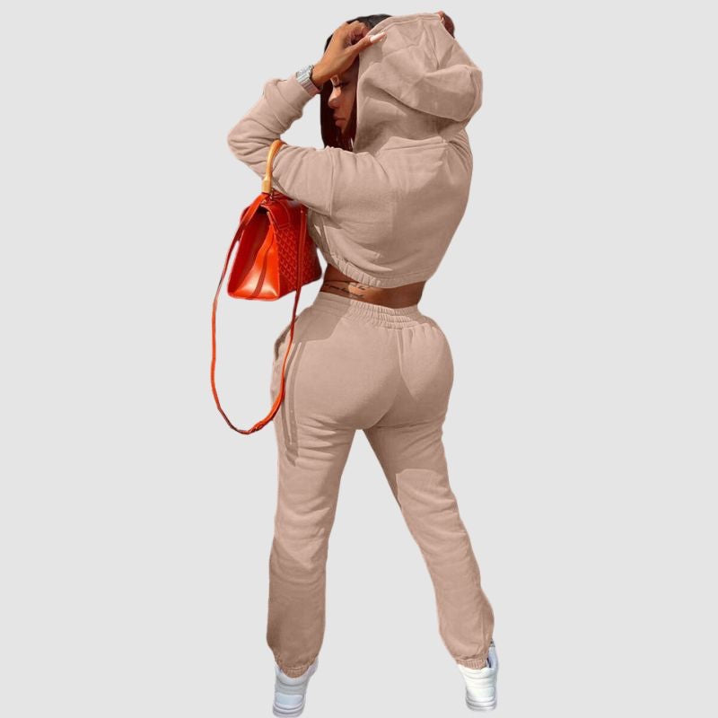 Solid Color Hoodies Drawstring Pant Set Khaki / M