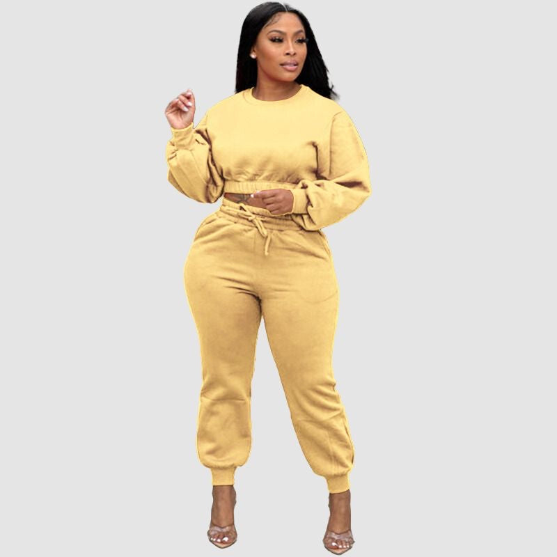 Crew Neck Crop Top & Drawstring Pant Set Black / L