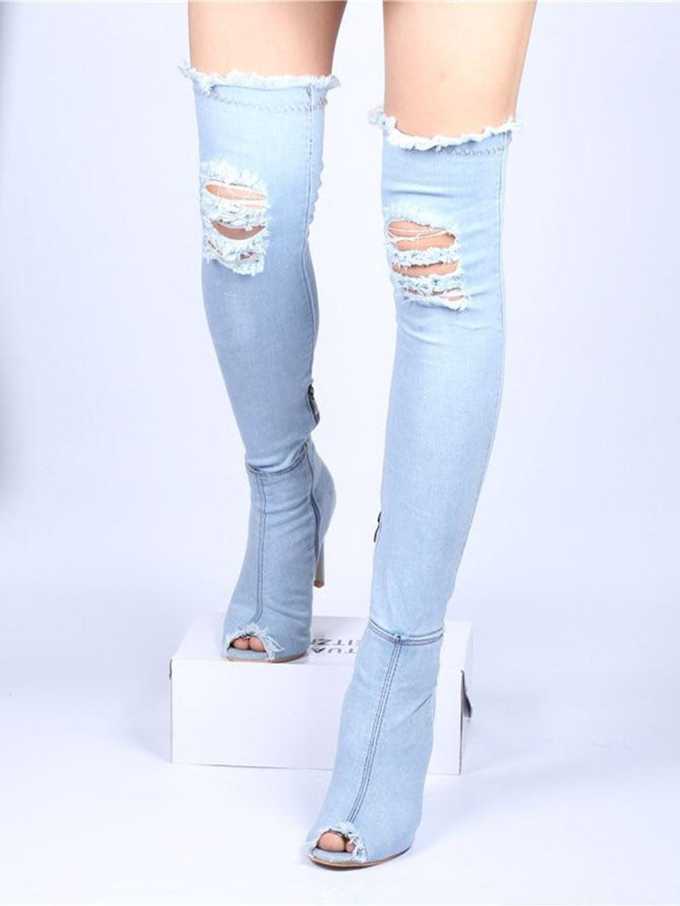Peep Toe Over The Knee Denim Boots Sky Blue / 6.5/7
