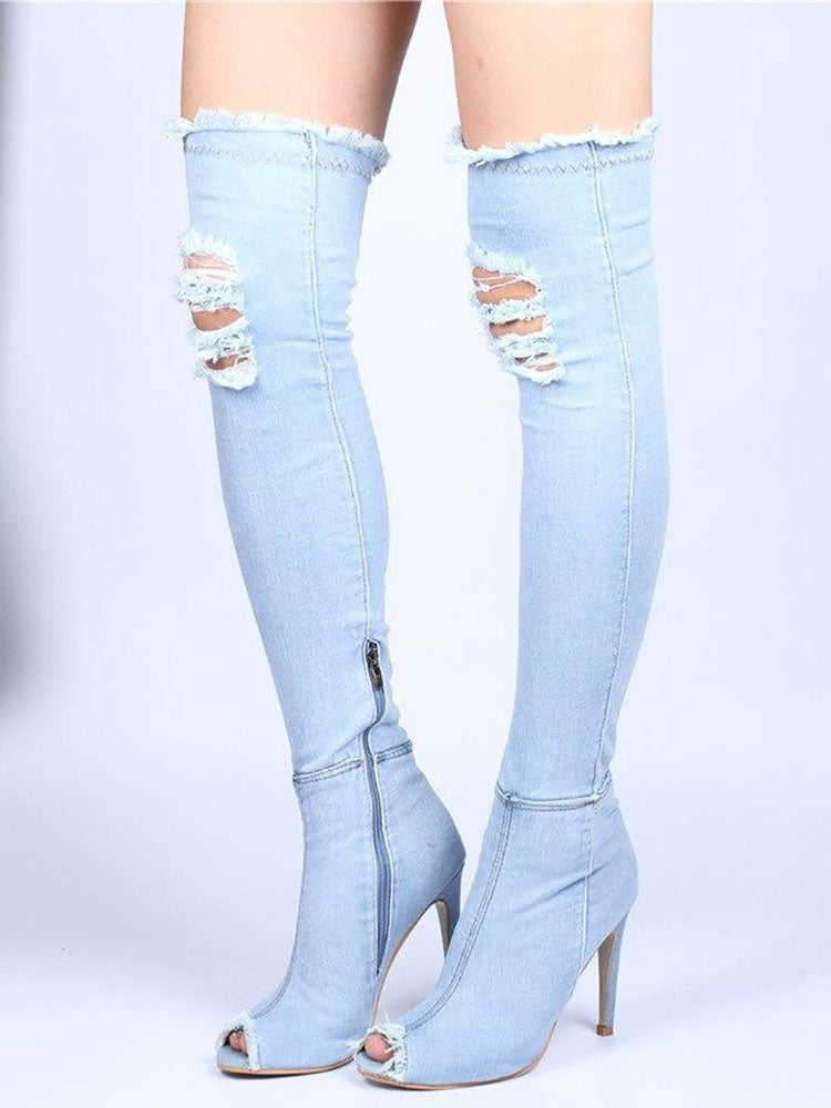 Peep Toe Over The Knee Denim Boots Sky Blue / 6