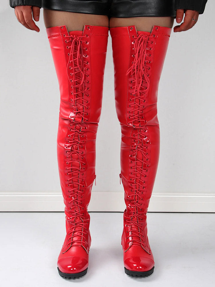 Lace Up PU Leather Boots Red / 6.5/7